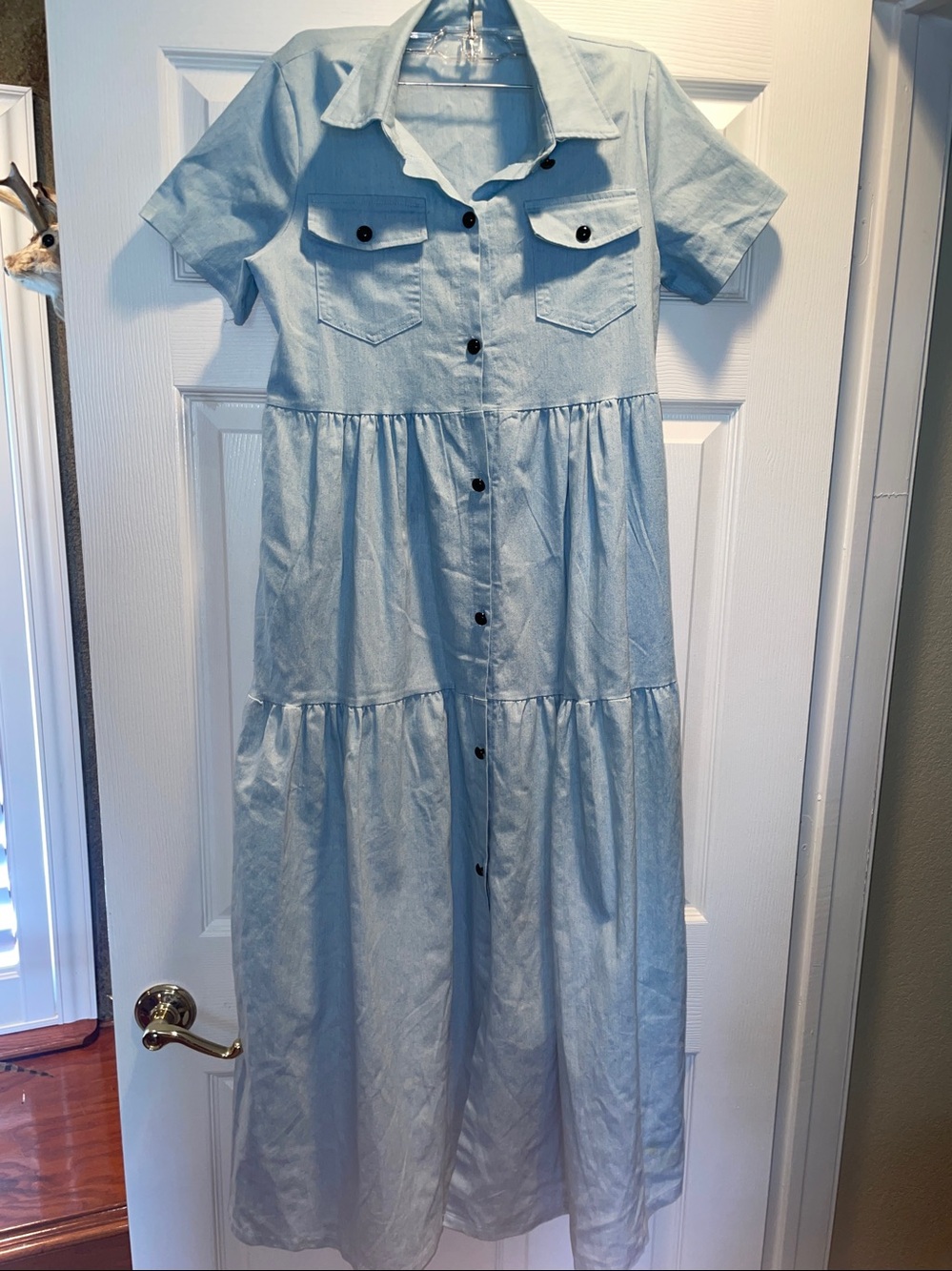 Light Blue Button-Front Tiered Midi Dress, up cycled light denim. Artisan style